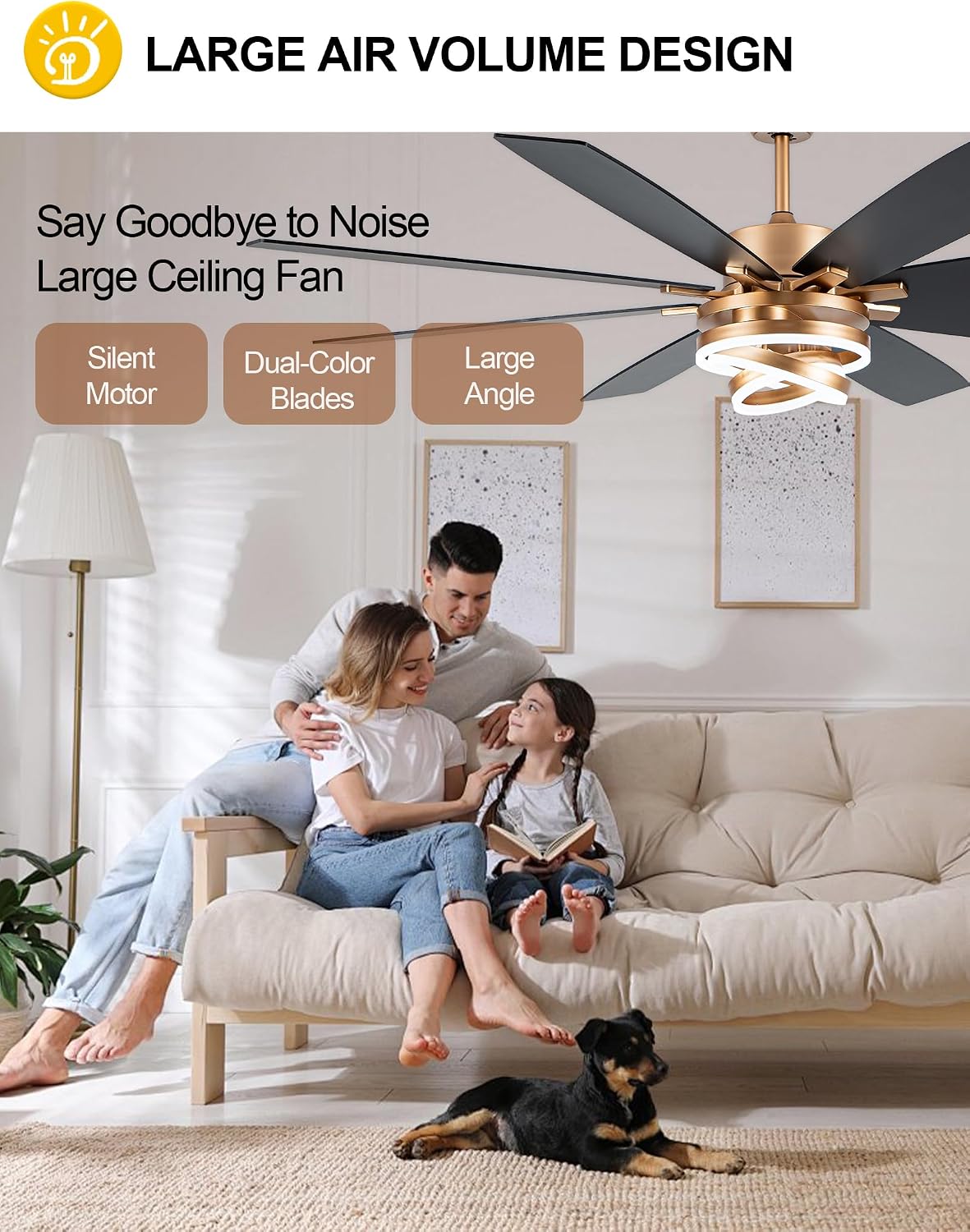Dawn Whisper Gold Ceiling Fans with Lights and Remote 72 Inch Large Modern Chandelier Fan Living Room Ceiling Fan 6 Speed Reversible DC Motor Dual Finish Enegery Efficient