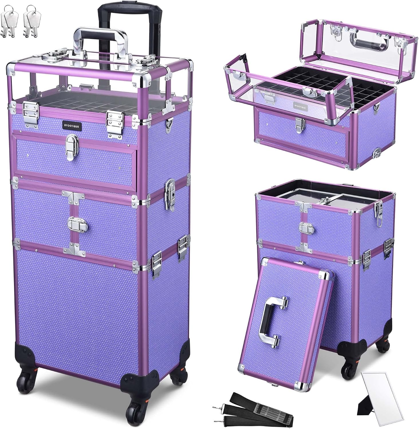 BYOOTIQUE 2in1 Nail Polish Organizer Rolling Makeup Train Case Manicure Cosmetic Trolley Travel Organizer Nail Case with Clear Lid Extendable Trays 4 removable wheels 54 Slots (Purple)