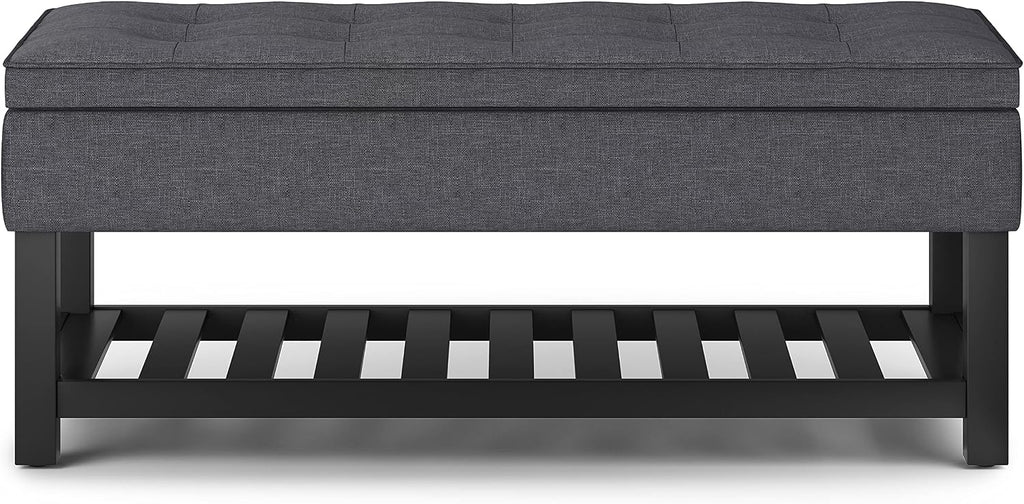 SIMPLIHOME Cosmopolitan Storage Ottoman Bench - 44 inch Wide Upholstered Linen Look Fabric Rectangle Storage Ottoman in Slate Grey, Transitional Bench for Bedroom with Tufted Lift-Top and Open Shelf
