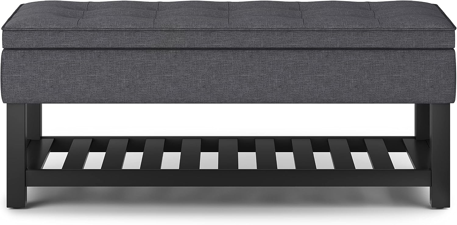 SIMPLIHOME Cosmopolitan Storage Ottoman Bench - 44 inch Wide Upholstered Linen Look Fabric Rectangle Storage Ottoman in Slate Grey, Transitional Bench for Bedroom with Tufted Lift-Top and Open Shelf