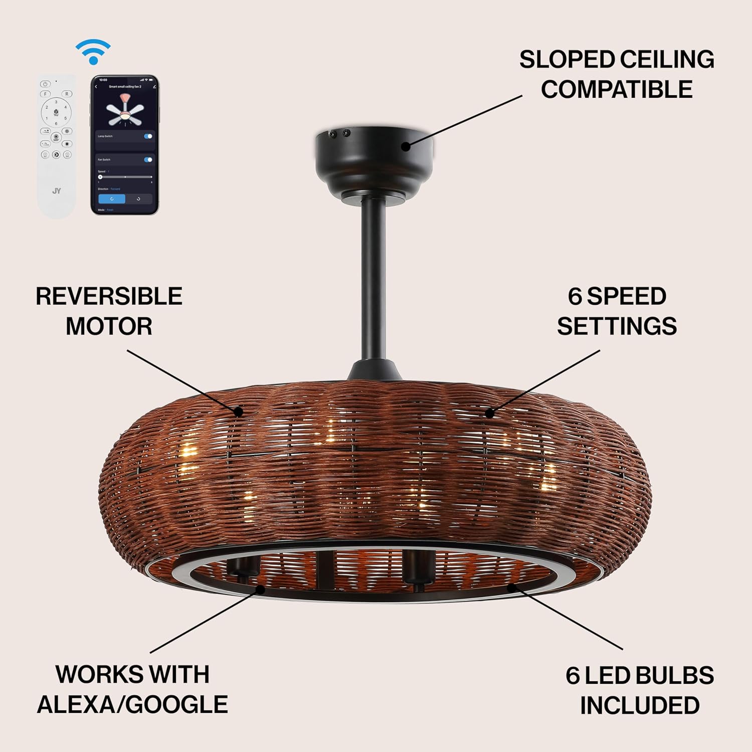 JONATHAN Y 23' Black 6-Light Modern Bohemian Ceiling Fan with Lights, 6-Speed Remote and App Control, Height Adjustable LED Lantern with Dark Brown Rattan Shade for Living Room JYL9728A
