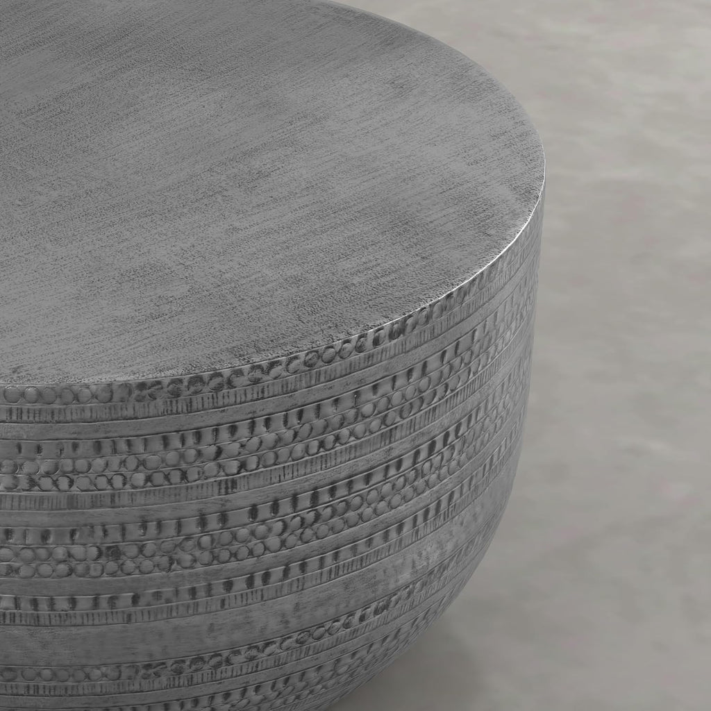 SIMPLIHOME Johnsen Metal Coffee Table - 30 inch Wide Solid Metal Round Drum Accent Table in Distressed Nickel, Boho Coffee Table for Living Room with Decorative Textured Design, Assembled
