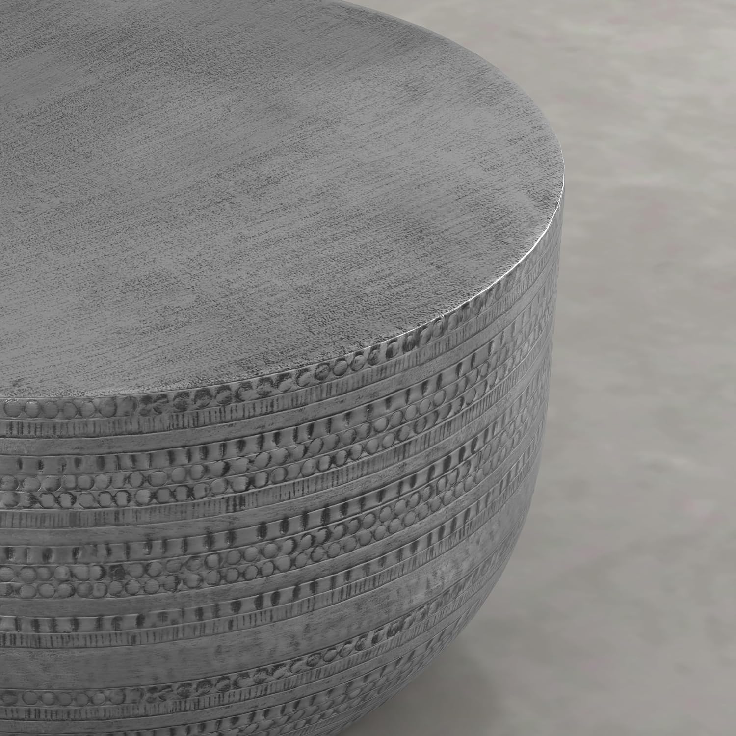SIMPLIHOME Johnsen Metal Coffee Table - 30 inch Wide Solid Metal Round Drum Accent Table in Distressed Nickel, Boho Coffee Table for Living Room with Decorative Textured Design, Assembled