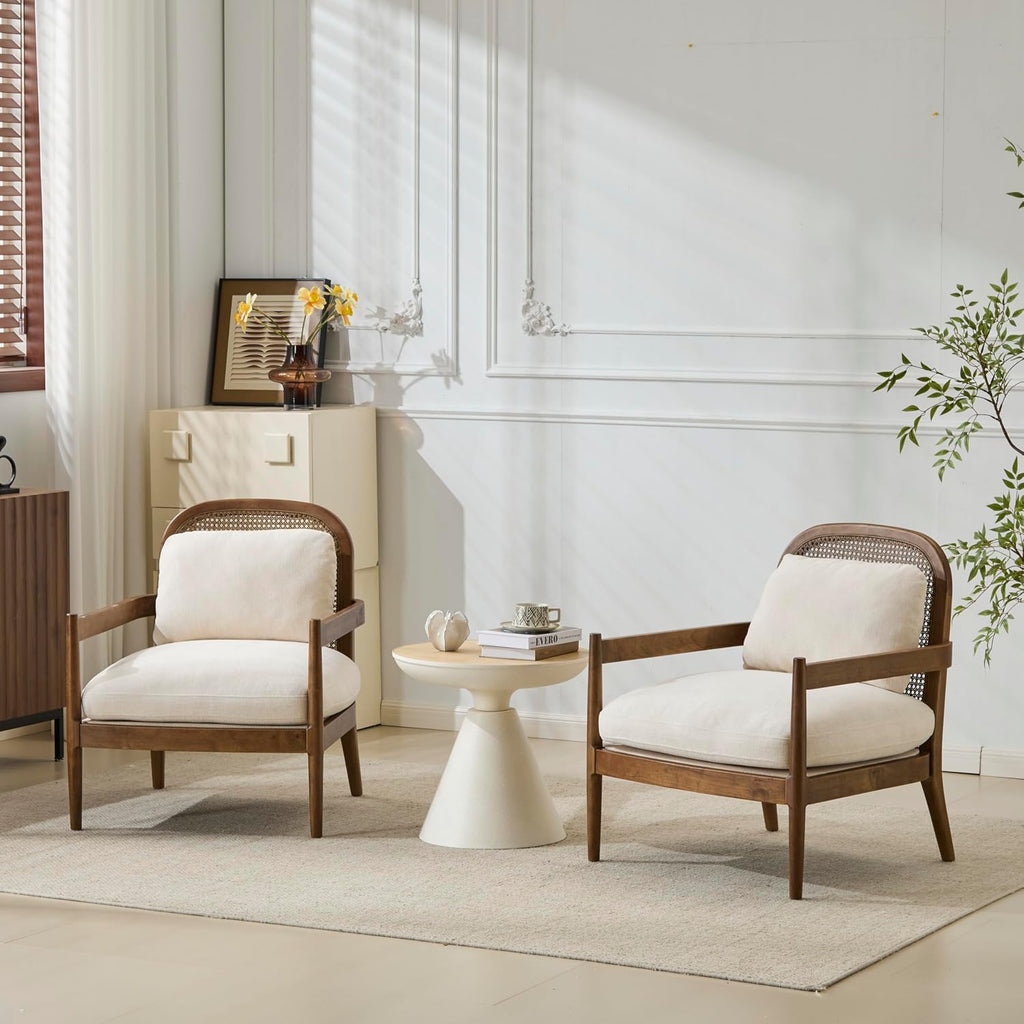 Christopher Knight Home Nadine Modern Club Chair Set of 2 with Cushion, Wooden Living Room Accent Chair with Rattan Open Back, Bedroom Comfy Reading Chair, Beige+Light Brown
