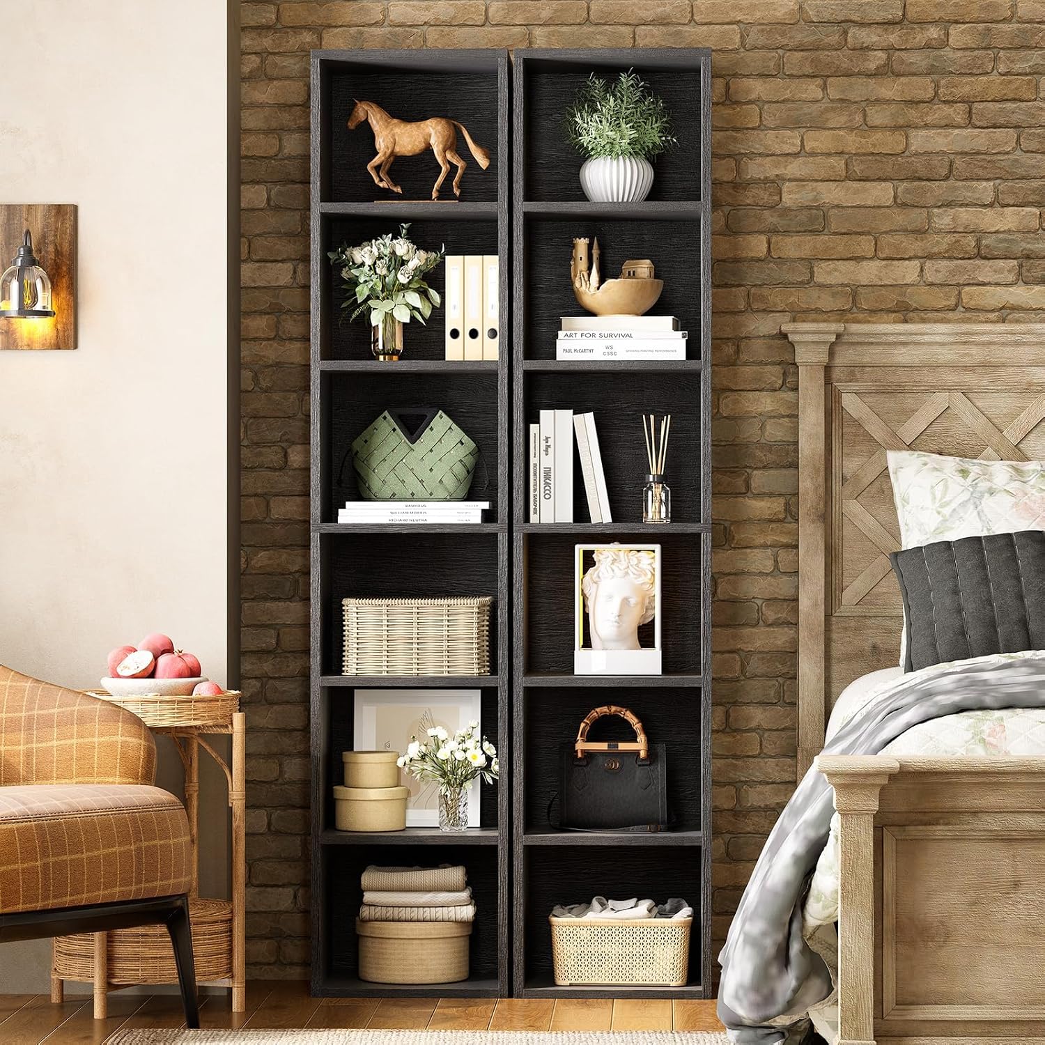 71.5' Tall Bookshelves and Bookcases Set of 2, 6 Tier Display Storage Shelves Home Decor Furniture for Home Office, Living Room, Bed Room (Black, 11.8' Narrow)
