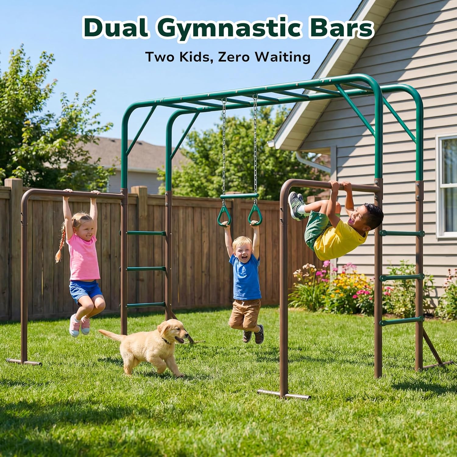 Hapfan Monkey Bars with Gymnastics Bars and Trapeze Swing, 400lbs Heavy Duty Metal Monkey Bar Set for Backyard, Weather-Resistant 3-in-1Outdoor Playset, Space-Smart Design