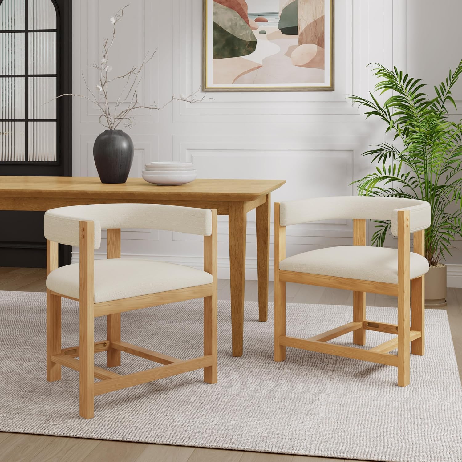 Christopher Knight Home Set of 2 Arley Modern Fabric Upholstered Dining Armchair, Sturdy Wooden Kitchen Side Chair with Ergonomic Backrest and Footrest, Soft Padded Barrel Accent Chair, Beige+Natural