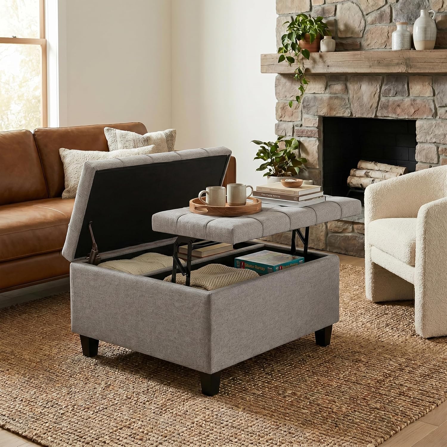 SIMPLIHOME Harrison Small Coffee Table Storage Ottoman - 30 inch Wide Upholstered Linen Look Fabric Square Lift-Top Ottoman in Cloud Grey, Transitional Ottoman for Living Room with Hidden Storage