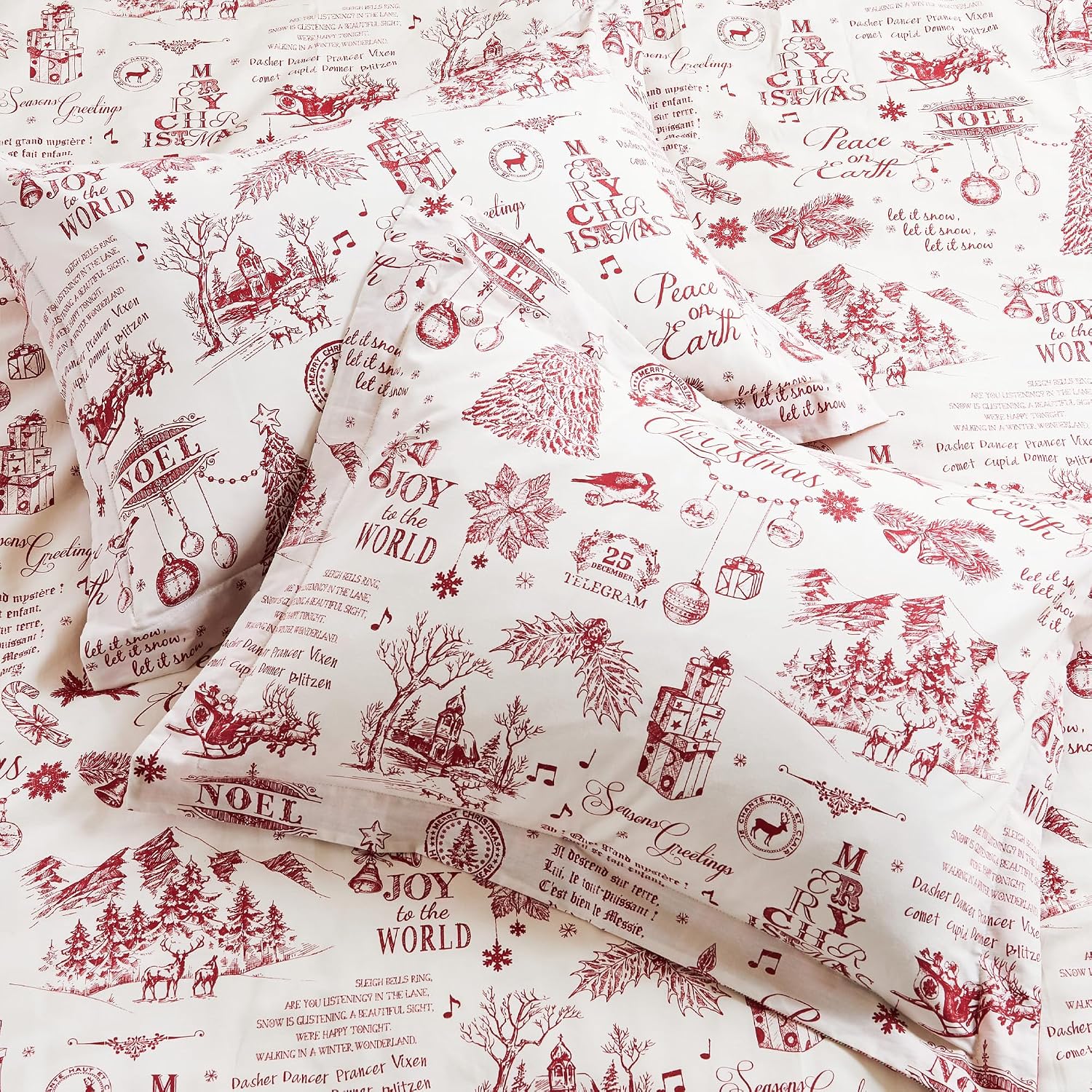 Levtex Home - Yuletide Comforter Set - Full/Queen Comforter 90x94 and Two Standard Pillow Cases 20x26 - Christmas Holiday Script - Red and Cream - Cotton