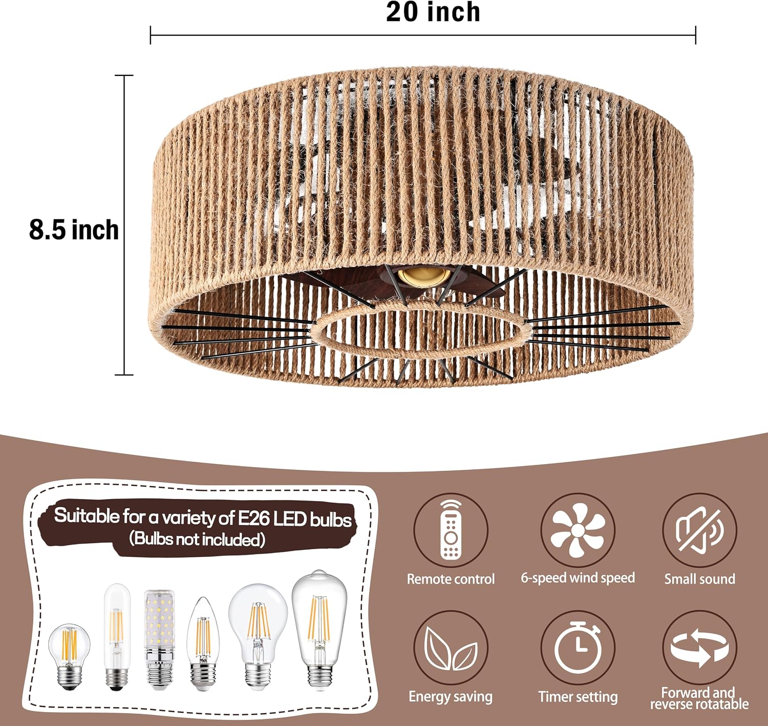 Caged Ceiling Fans with Lights Boho Ceiling Fan Enclosed Ceiling Fans Industrial Low Profile Ceiling Fan with Lights and Remote Hemp Rope Farmhouse Fans with Light for Bedroom Kitchen