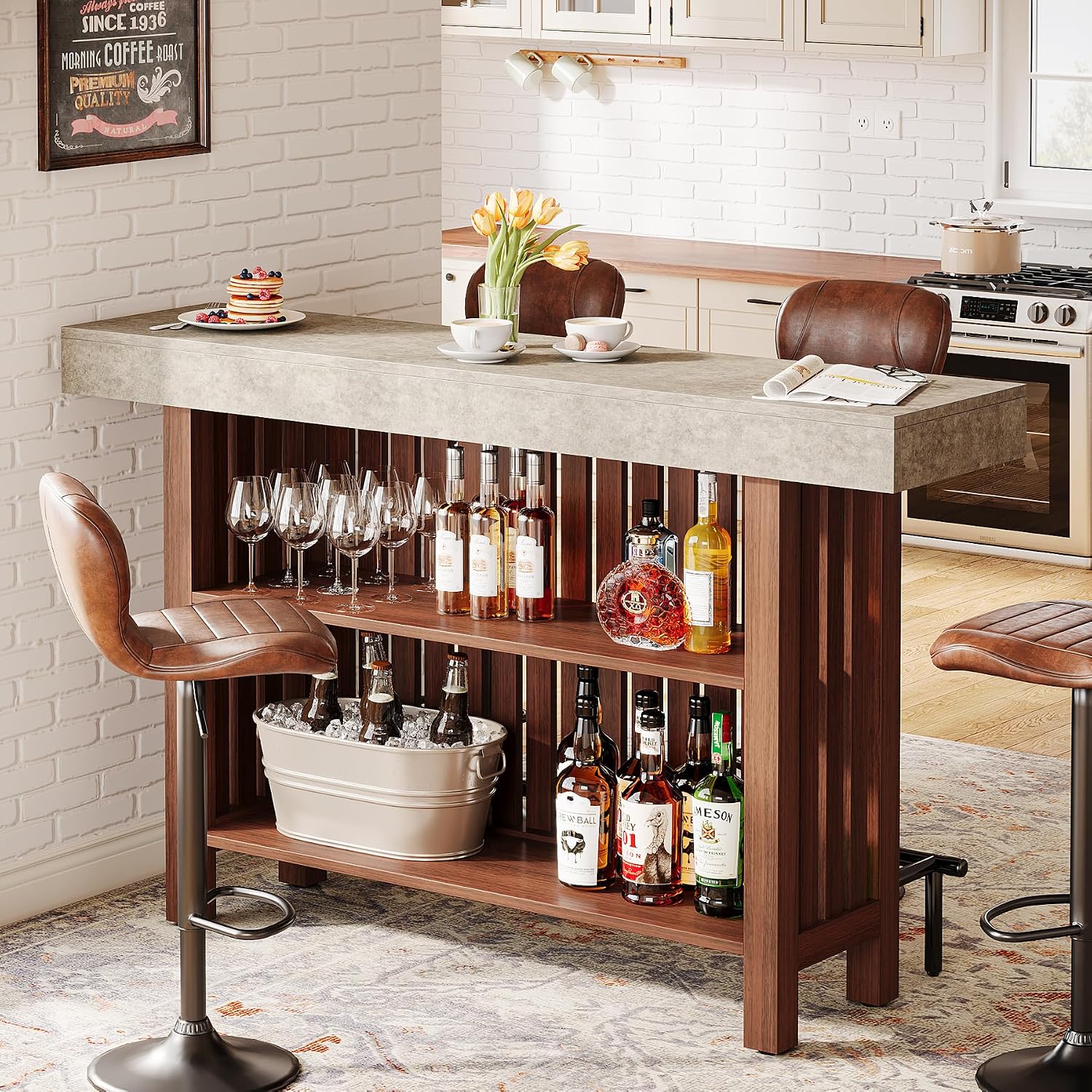 Tribesigns 63-Inch Large Home Bar Unit, 2-Tier Mini Bar Table, Height Pub Table with Footrest, Modern Coffee Bar Cabinet for Home Kitchen, Bistro, Dining Room, Living Room