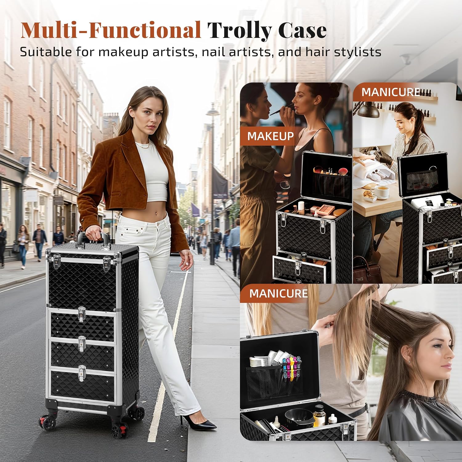Rolling Makeup Train Case with 3 Drawers, Nail Trolley Cart Salon Station Cosmetology Case on Wheels Organizer Cases for Nail Tech,SPA,Face Painting,Hairstylist,Makeup Artist (Silver & Black)