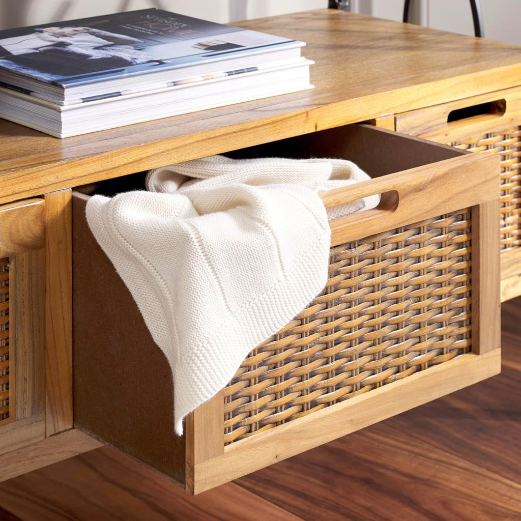 SAFAVIEH Home Collection – Joshua Oak Brown 3-Drawer Console Table with Shelf, Wicker Front Storage Drawers, Farmhouse-Inspired Accent Console for Entryway or Living Room (AMH6532C)