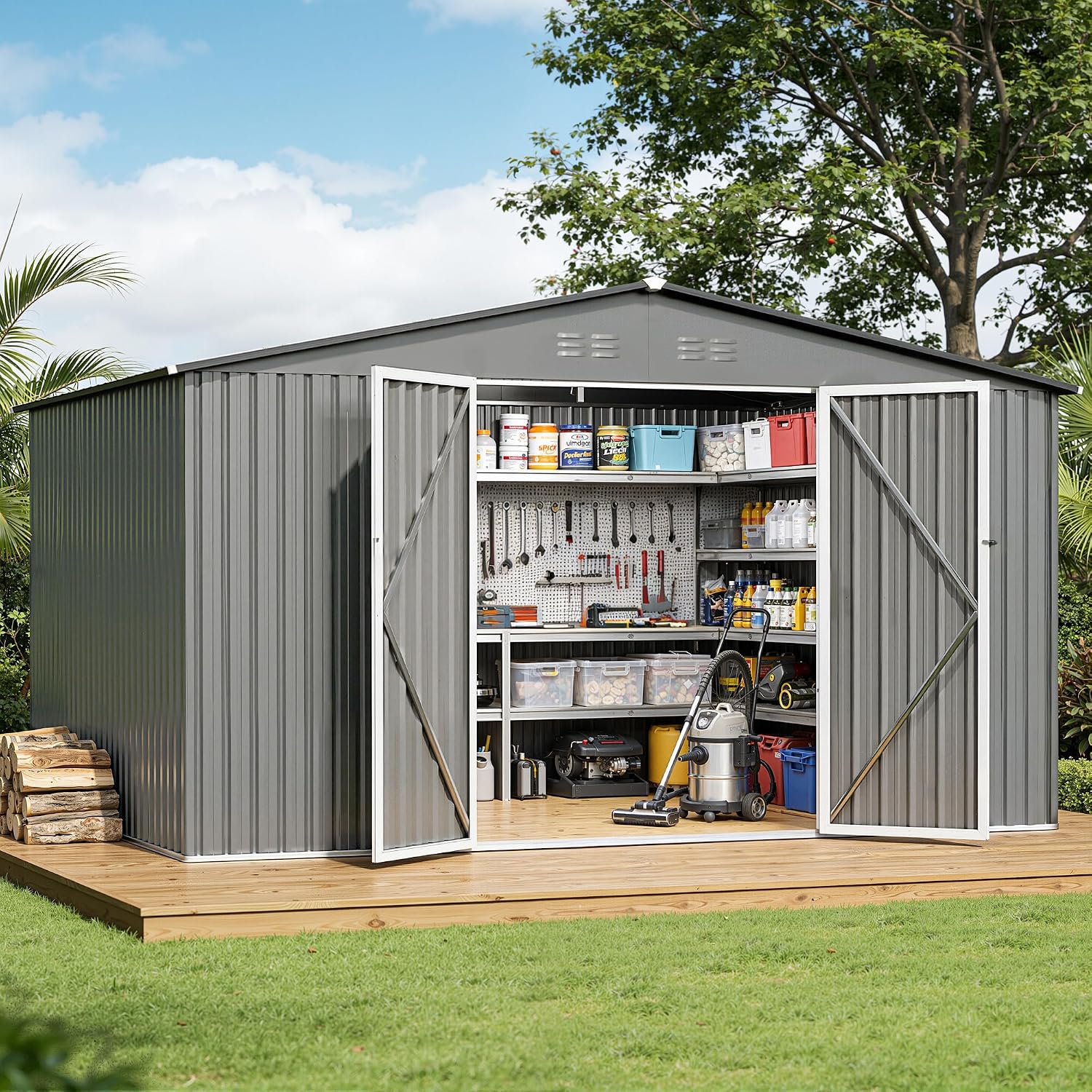 12 x 10FT Grey Outdoor Storage Shed, Metal Waterproof Shed Garden Tool Shed with Door and Lock Outdoor Storage,All-Weather Shelter for Bike, Gardening Tools, Lawn Mowers