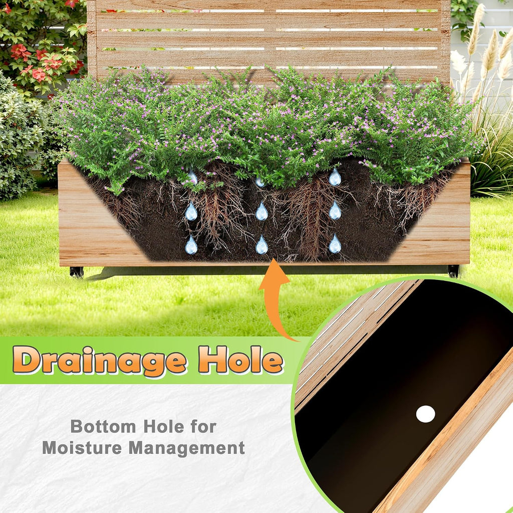 Metal Raised Garden Bed with Trellis, 2-in-1 Planter Box & Privacy Screen for Climbing Plants, Outdoor Standing Flower Bed with Drainage Holes, 47.2'L x 16.7'W x 70.8'H, Acacia Wood Grain-Louvered