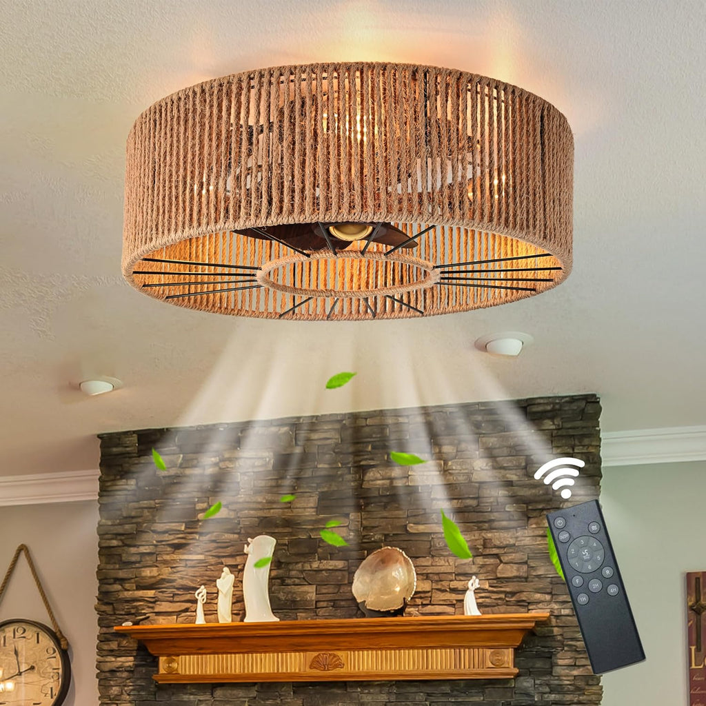Caged Ceiling Fans with Lights Boho Ceiling Fan Enclosed Ceiling Fans Industrial Low Profile Ceiling Fan with Lights and Remote Hemp Rope Farmhouse Fans with Light for Bedroom Kitchen