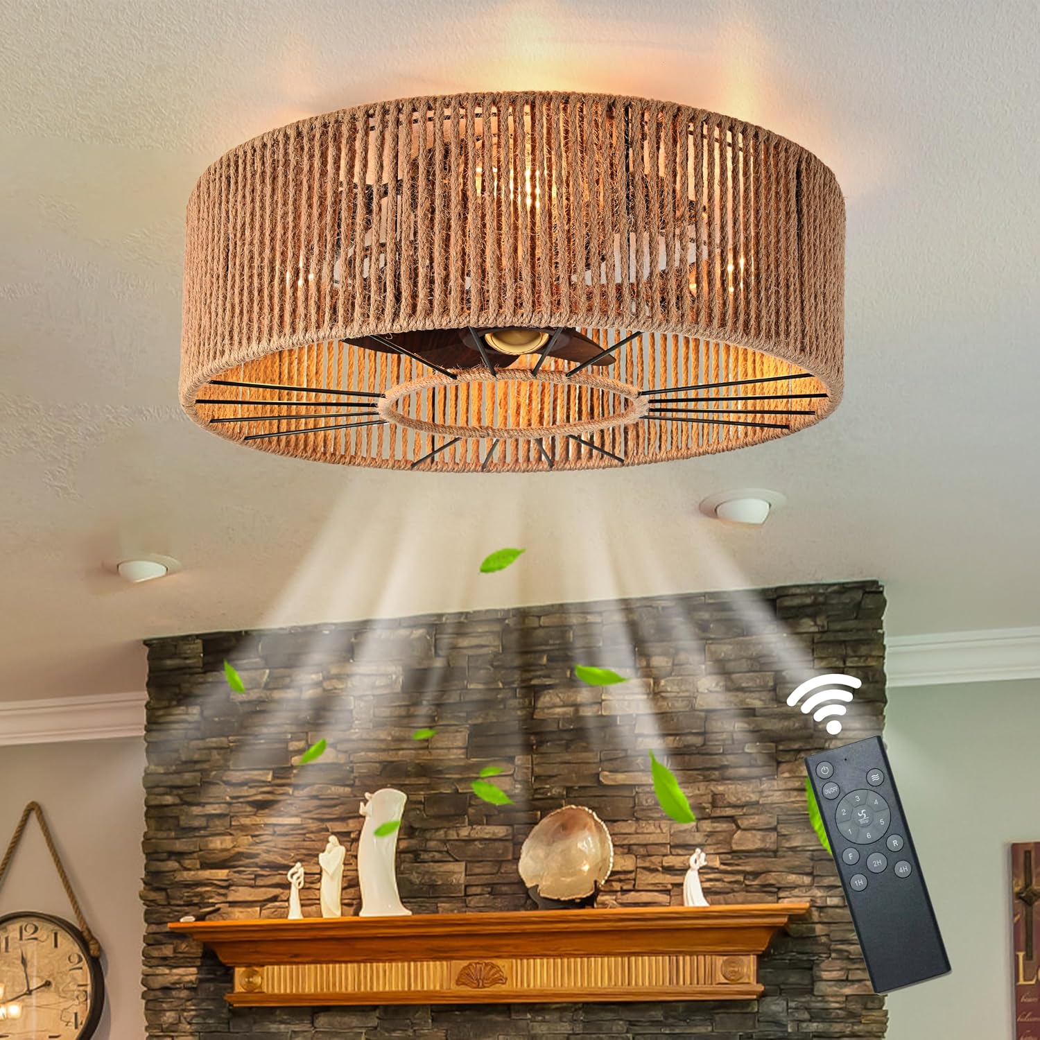 Caged Ceiling Fans with Lights Boho Ceiling Fan Enclosed Ceiling Fans Industrial Low Profile Ceiling Fan with Lights and Remote Hemp Rope Farmhouse Fans with Light for Bedroom Kitchen