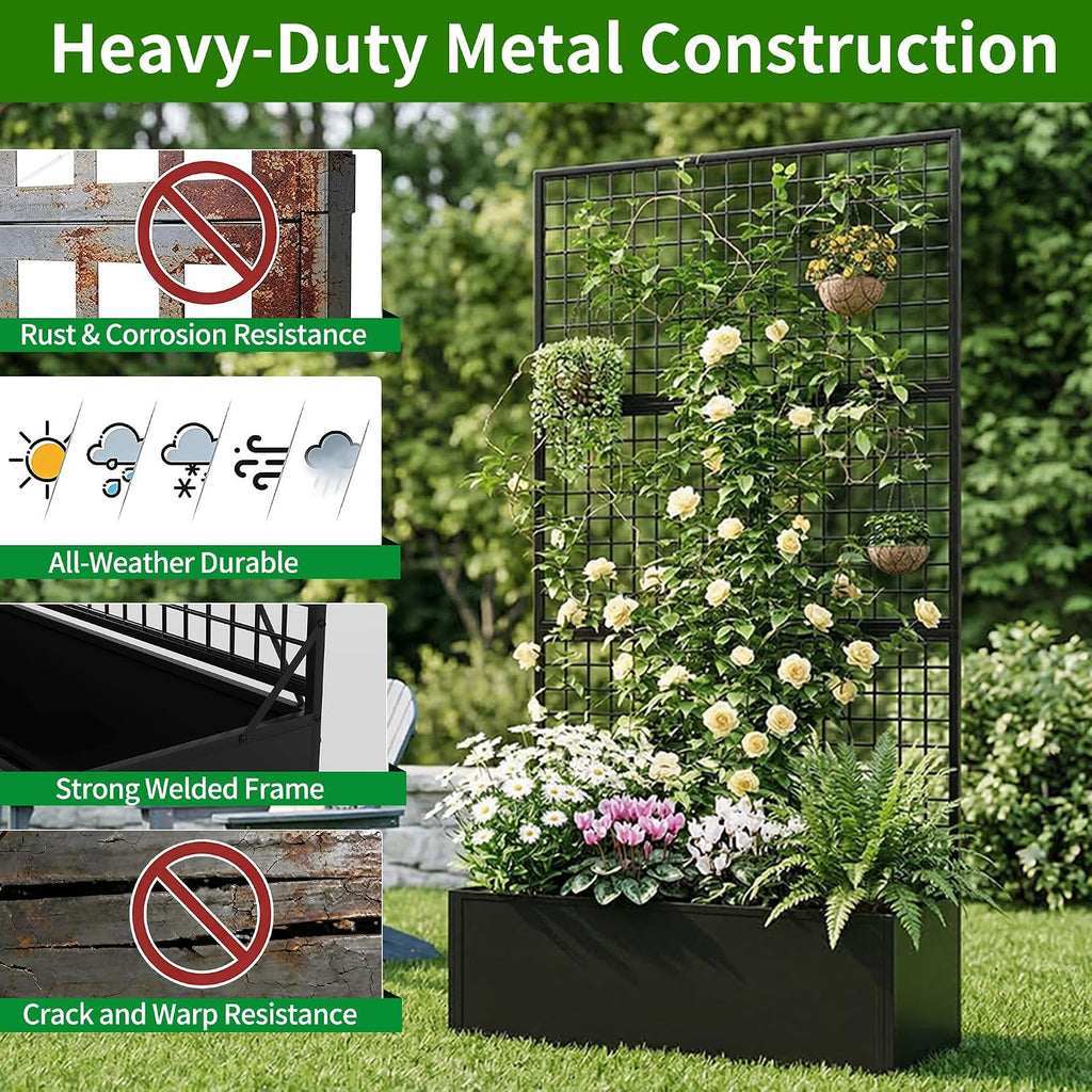 Privacy Planters for Patio – Metal Raised Garden Bed with Trellis and Privacy Screen, 71' x 35' x 16' Planter Box with Drainage Holes for Climbing Plants, Vegetables, and Vines, Outdoor Backyard Black