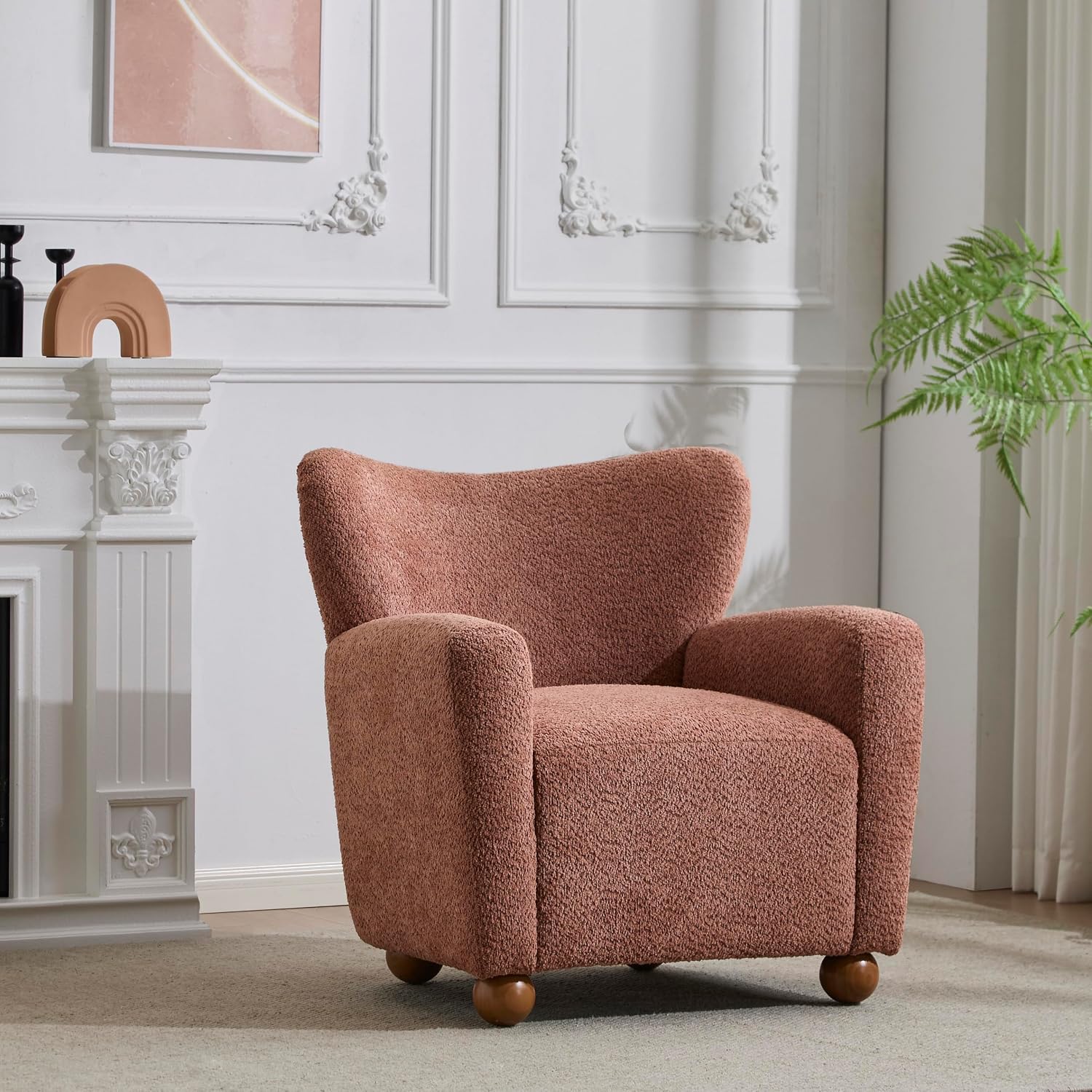 Christopher Knight Home Lindy Wingback Accent Chair, Upholstered Armchair with Rounded Wooden Legs, Curved Backrest Single Sofa, Soft Cushion Seating, Comfy Lounge Chair for Living Room, Dusty Coral