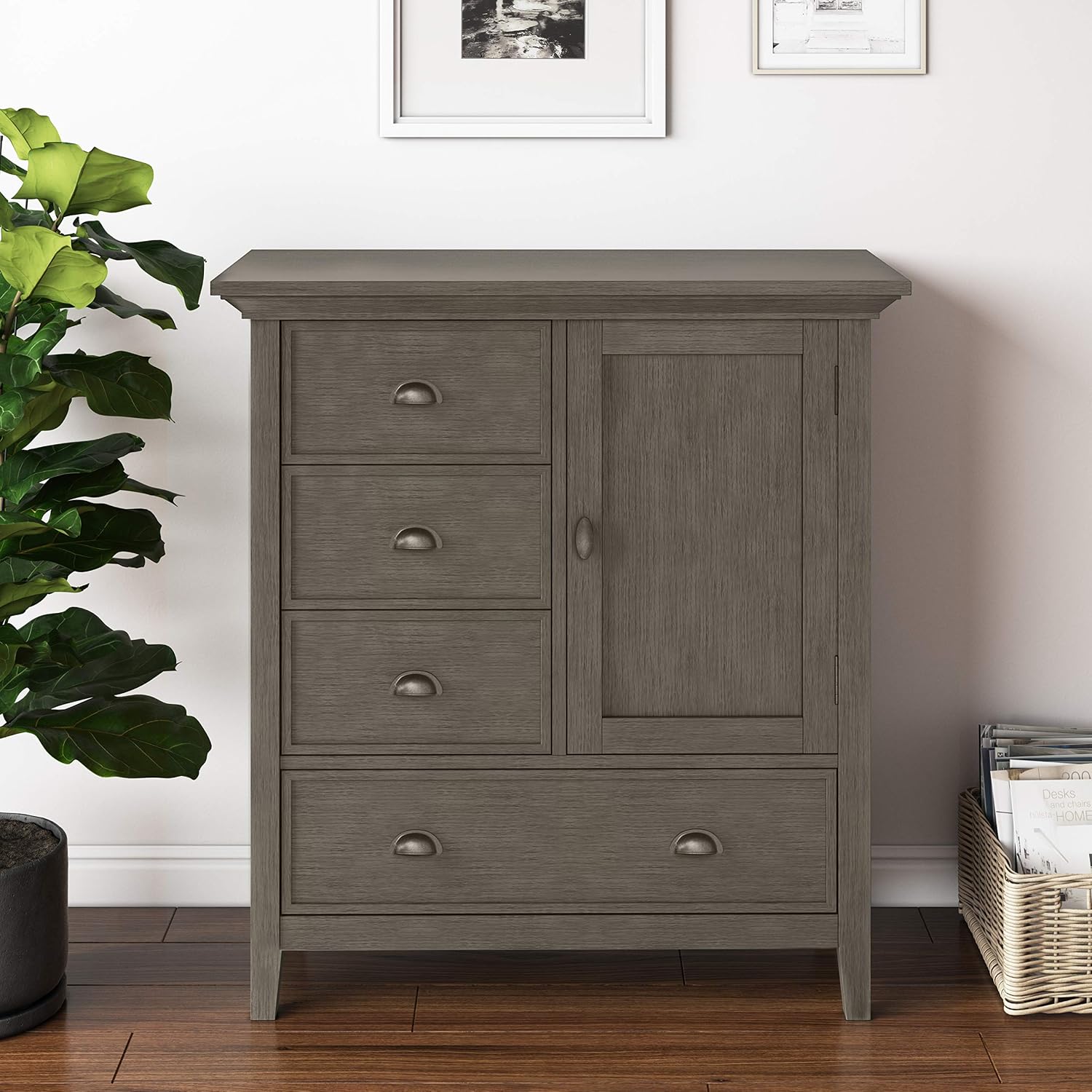 SIMPLIHOME Redmond Storage Cabinet - 39 inch Wide Solid Wood Medium Storage Cabinet in Farmhouse Grey, Transitional Accent Cabinet for Entryway or Living Room with 4 Drawers and Cabinet Storage