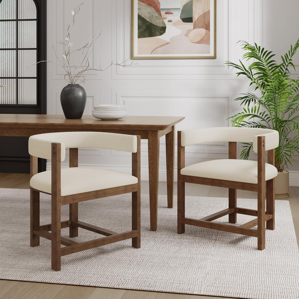 Christopher Knight Home Set of 2 Arley Modern Fabric Upholstered Dining Armchair, Sturdy Wooden Kitchen Side Chair with Ergonomic Backrest and Footrest, Soft Padded Barrel Accent Chair, Beige+Walnut