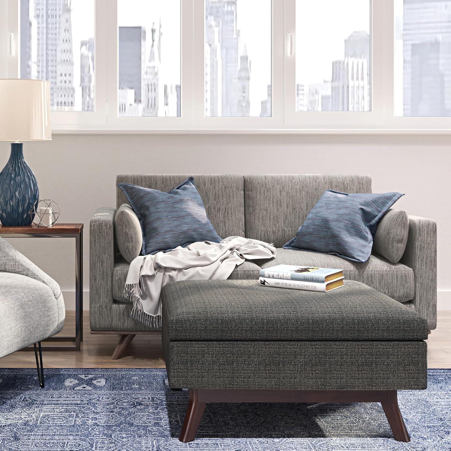 SIMPLIHOME Owen Coffee Table Storage Ottoman - 34' Wide x 19' High Upholstered Tweed Look Fabric Rectangular Lift-Top Ottoman in Ebony, Mid-Century Modern Bench for Living Room with Tapered Legs