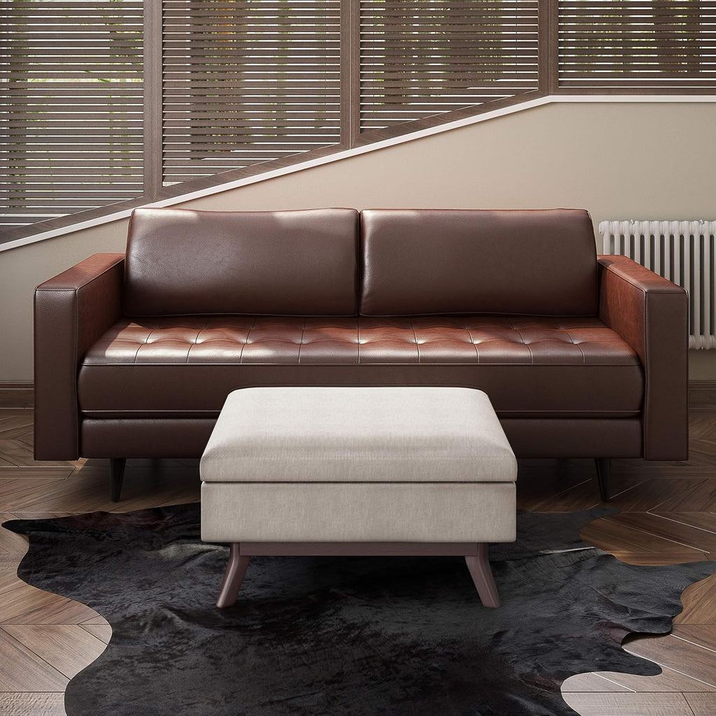 SIMPLIHOME Owen Coffee Table Storage Ottoman - 34' Wide x 19' High Upholstered Linen Look Fabric Rectangular Lift-Top Ottoman in Natural, Mid-Century Modern Bench for Living Room with Tapered Legs