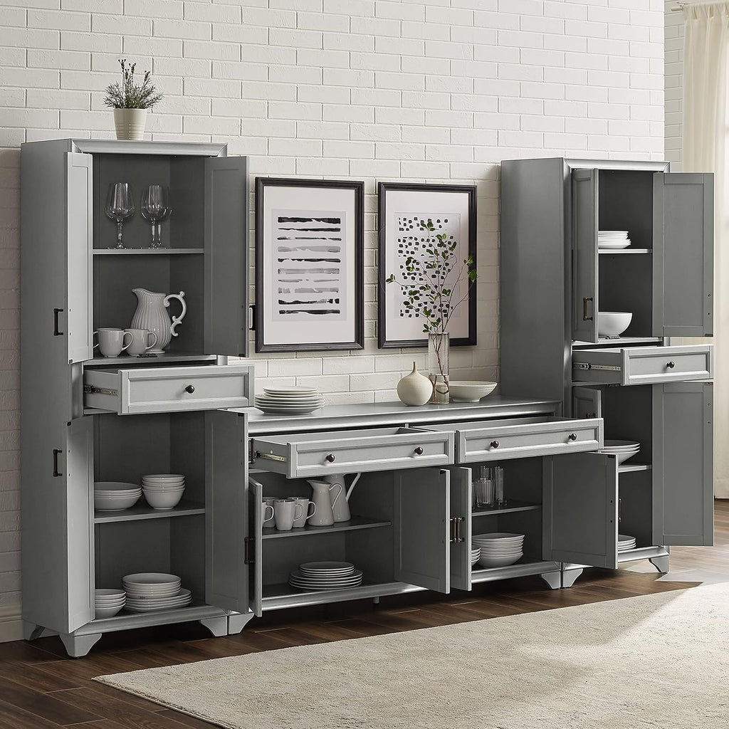 Crosley Furniture Tara 3-Piece Modern Farmhouse Sideboard Buffet Cabinet and Kitchen Storage Pantry Set, Distressed Gray