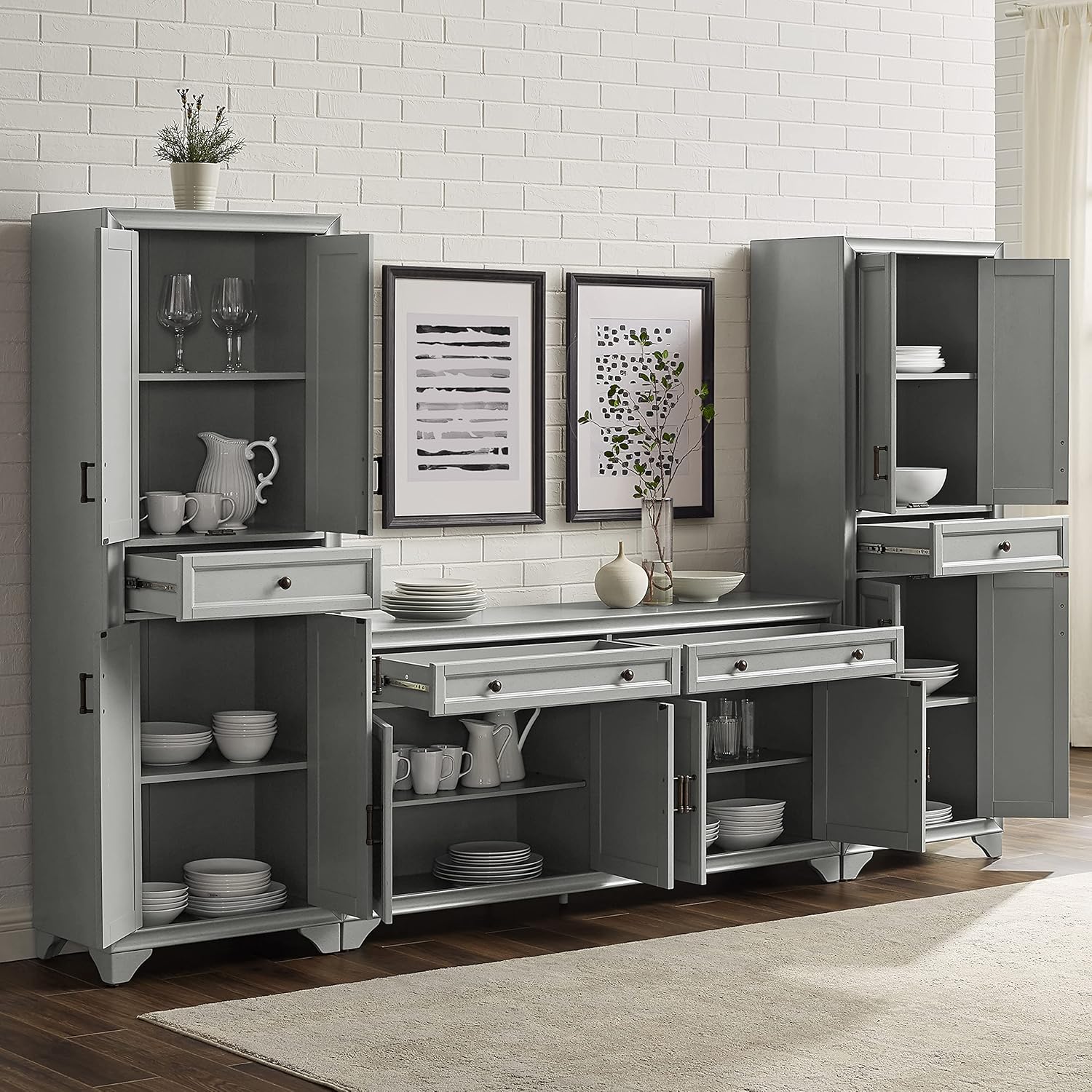 Crosley Furniture Tara 3-Piece Modern Farmhouse Sideboard Buffet Cabinet and Kitchen Storage Pantry Set, Distressed Gray