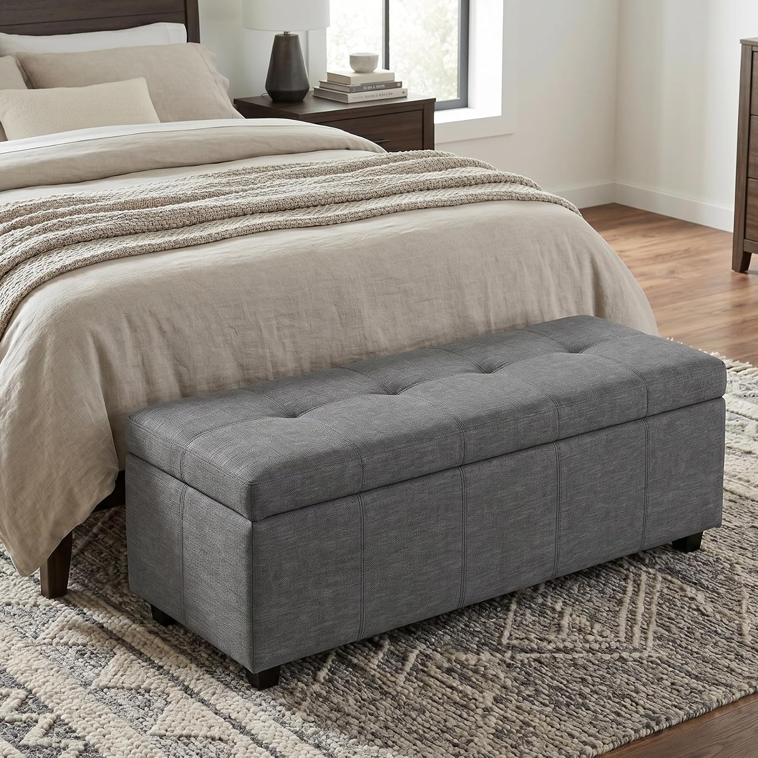 SIMPLIHOME Avalon Storage Ottoman Bench - 48' Wide x 16' High Upholstered Linen Look Fabric Rectangular Lift-Top Ottoman in Slate Grey, Contemporary Bench for Living Room with High-Density Foam
