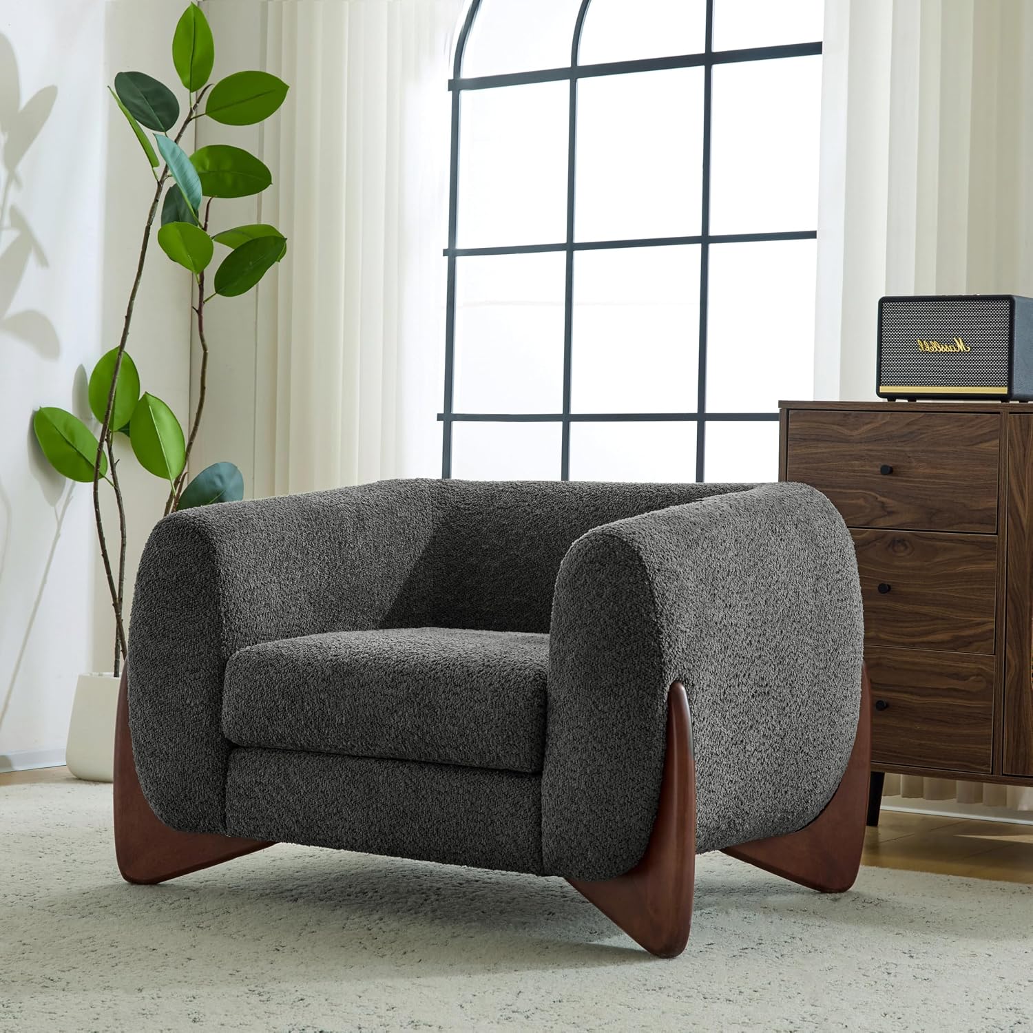 Christopher Knight Home Holly Modern Boucle Fabric Upholstered Club Chair for Living Room, Home Office, Apartment, Relaxing Chair with Removable Cushion and Birch Wood Legs, Dark Gray + Walnut