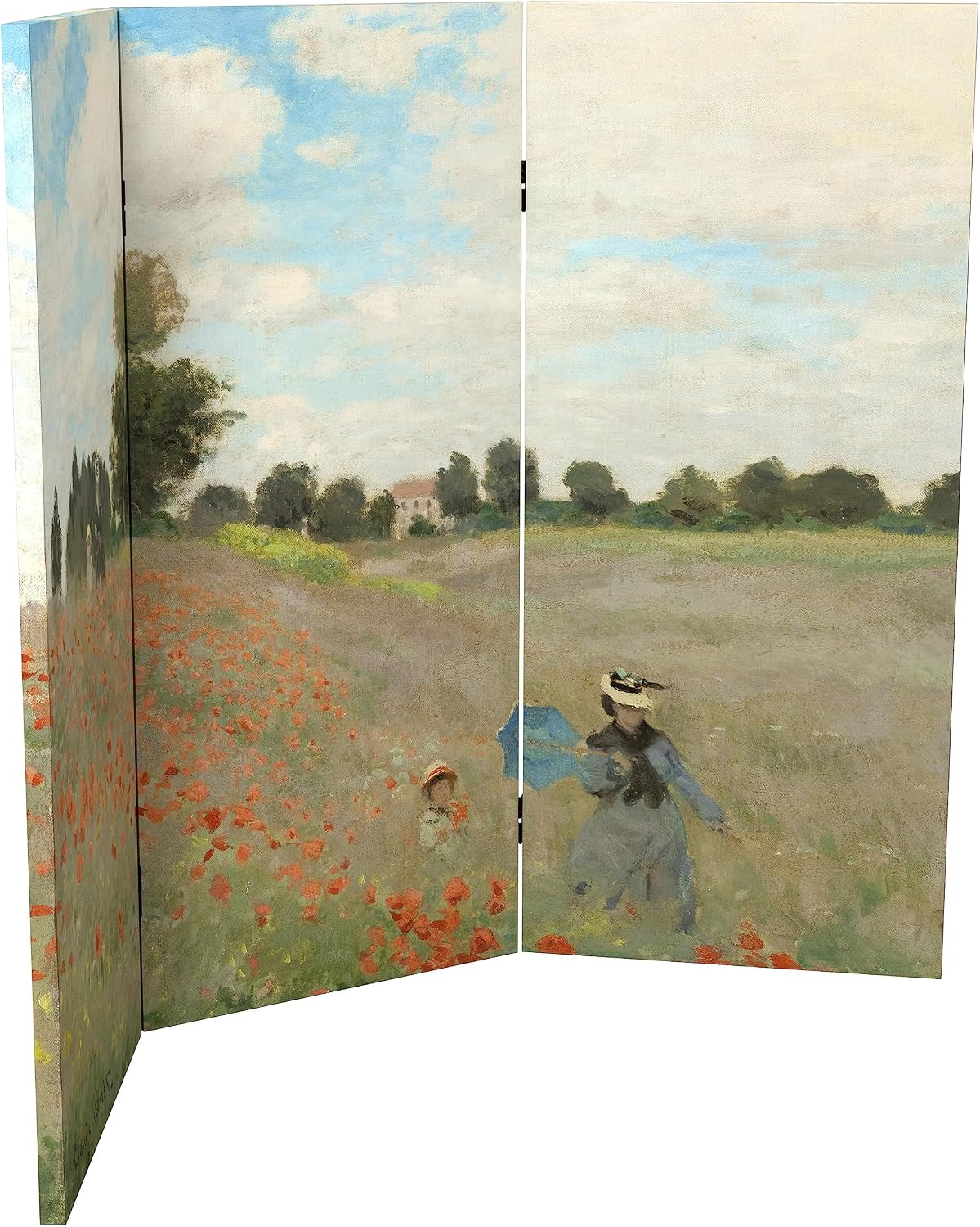 Red Lantern 3 ft. Short Double Sided Works of Monet Canvas Folding Screen 3 Panel Freestanding Partition and Separator for Modern and Contemporary Bedroom, Home Office, Studio, Dorm, Apartment