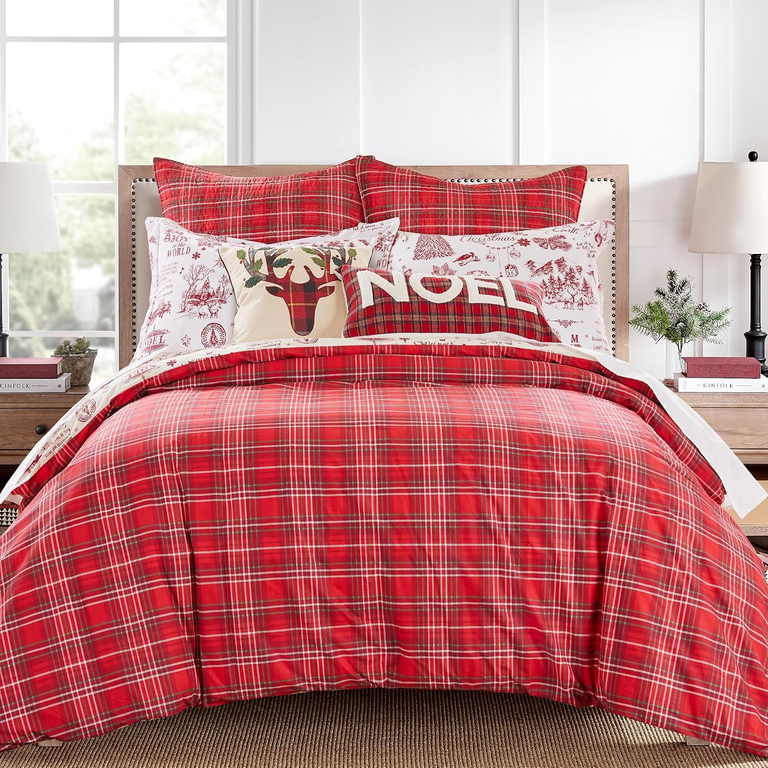 Levtex Home - Yuletide Comforter Set - Full/Queen Comforter 90x94 and Two Standard Pillow Cases 20x26 - Christmas Holiday Script - Red and Cream - Cotton