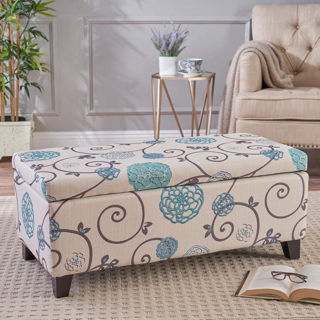Christopher Knight Home Breanna Fabric Storage Ottoman, White And Blue Floral