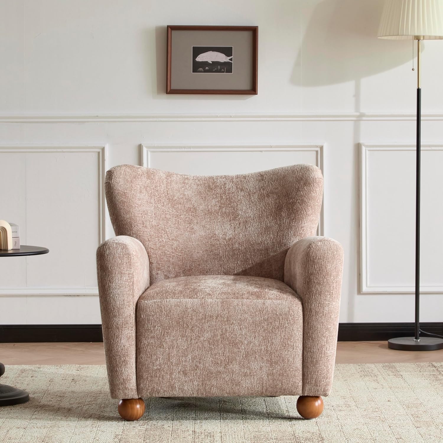 Christopher Knight Home Lindy Wingback Accent Chair, Upholstered Armchair with Rounded Wooden Legs, Curved Backrest Single Sofa, Soft Cushion Seating, Comfy Lounge Chair for Living Room, Beige Brown