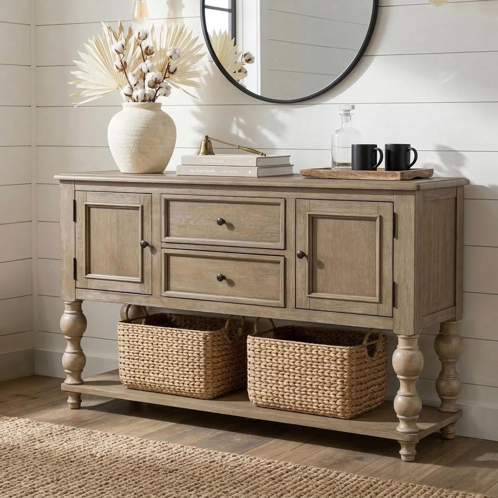 Furniture of America Shelimar Solid Wood 60-inch Server with 2-Drawer and 1 Large Open Shelf Buffet/Sideboard for Dining Room, Home Kitchen, Light Washed White
