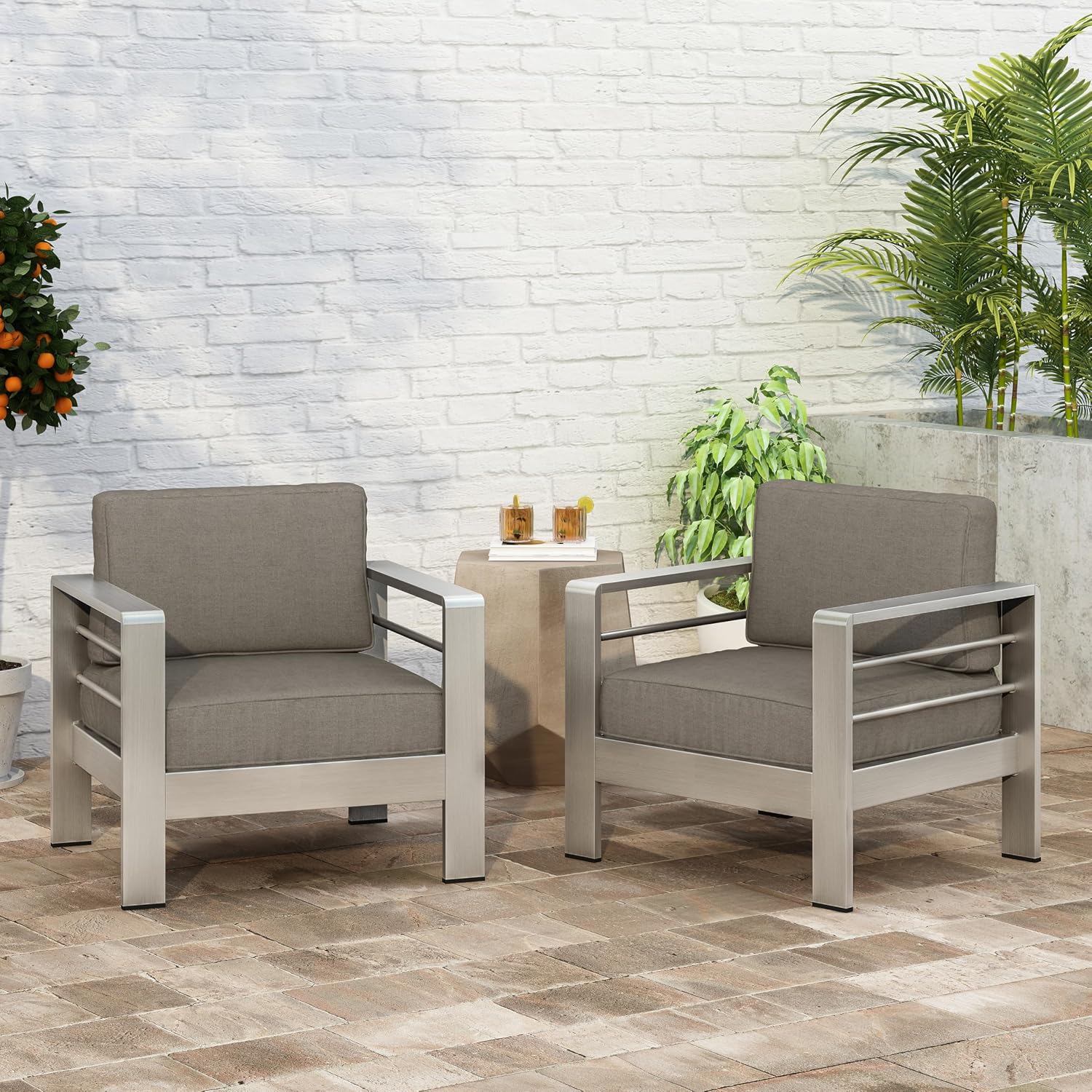 Christopher Knight Home Cape Coral Outdoor Aluminum Club Chairs with Water Resistant Cushions, Khaki (Pack of 2)