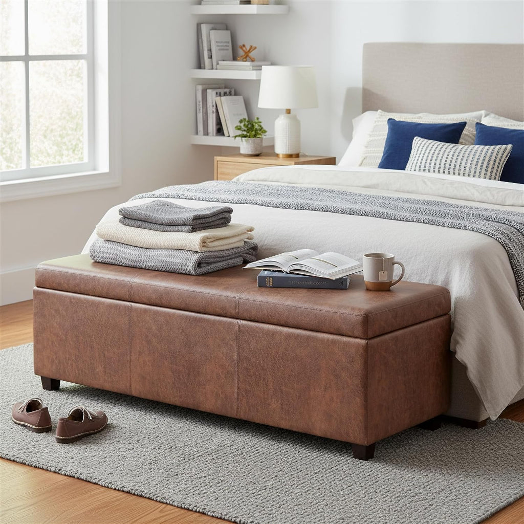SIMPLIHOME Avalon Storage Ottoman Bench - 54 inch Wide Upholstered Vegan Leather Extra Large Rectangle Ottoman Bench in Distressed Pecan Brown, Contemporary Ottoman for Living Room with Lift-Up Lid