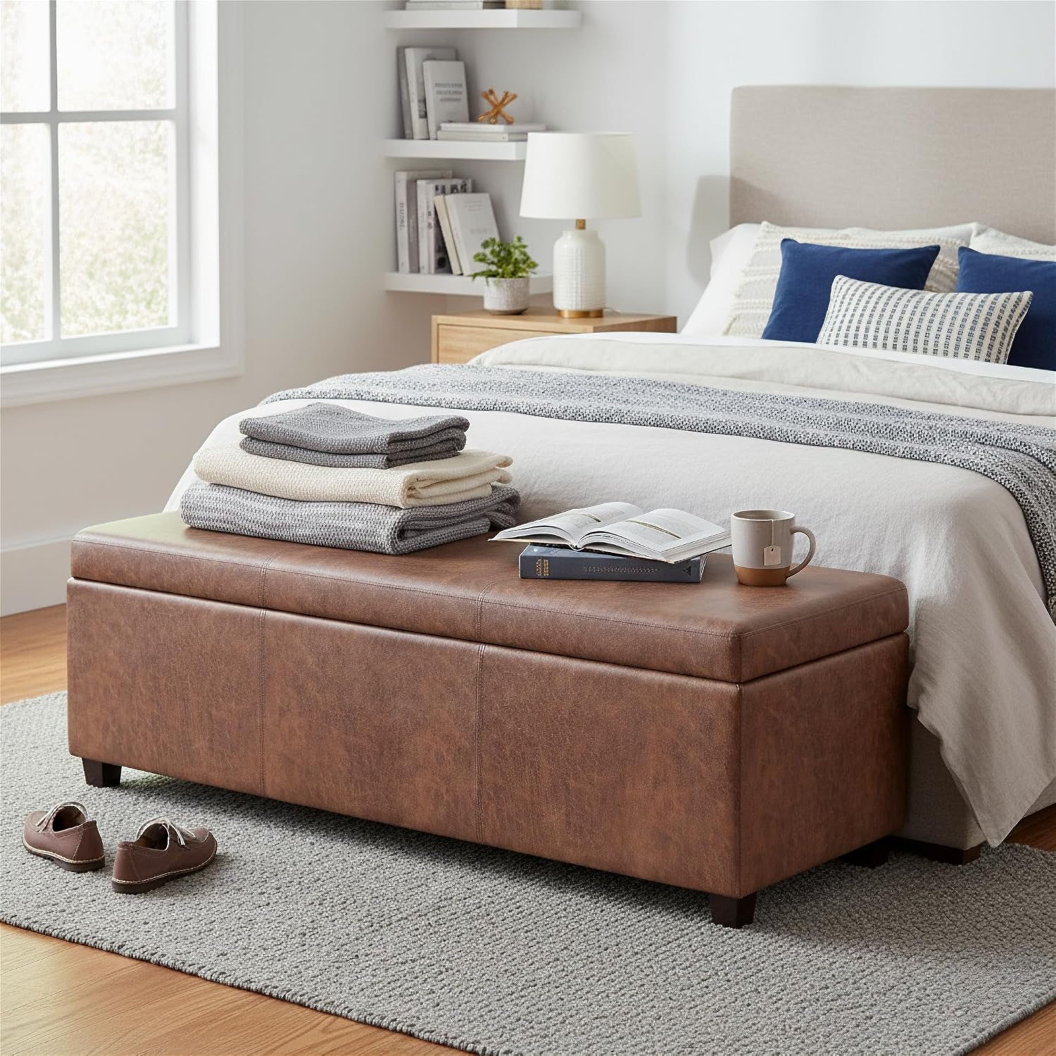 SIMPLIHOME Avalon Storage Ottoman Bench - 54 inch Wide Upholstered Vegan Leather Extra Large Rectangle Ottoman Bench in Distressed Pecan Brown, Contemporary Ottoman for Living Room with Lift-Up Lid