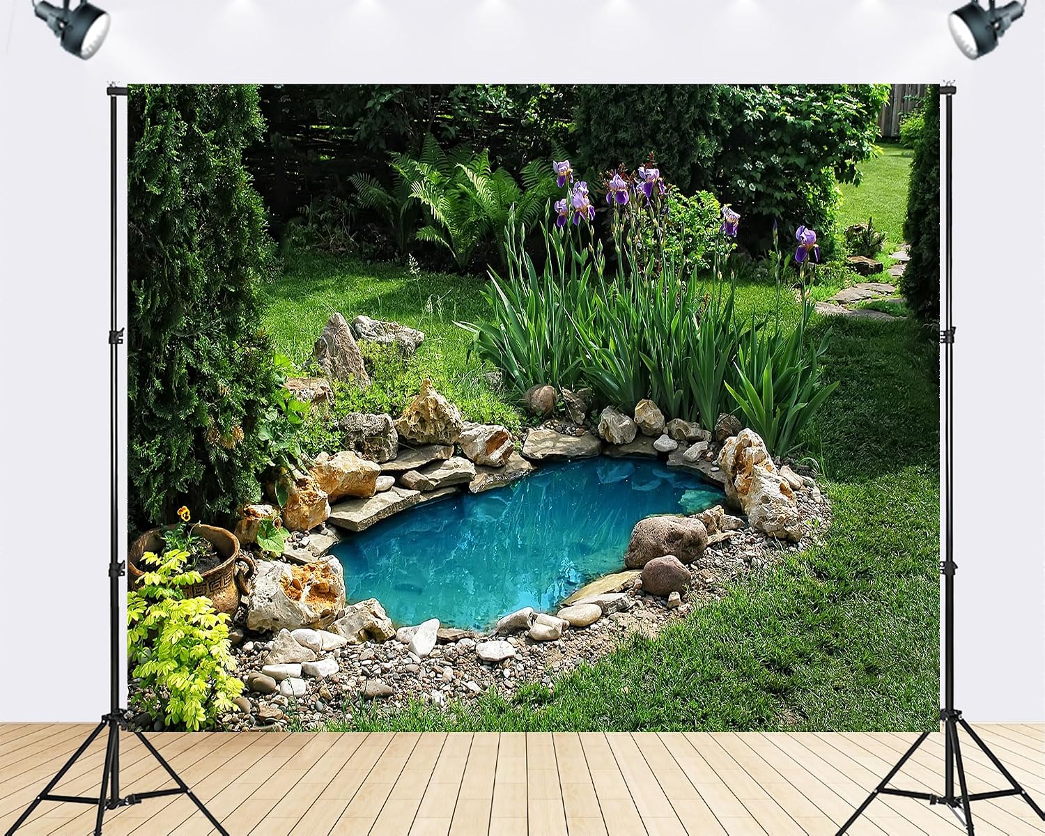 Trykid 20x10ft Backyard Pond Backdrop Iris Blooms Smooth Rocks Lush Foliage Clear Turquoise Water Tranquil Garden Photography Background Peaceful Retreat Decoration Photo Booth Prop Fabric