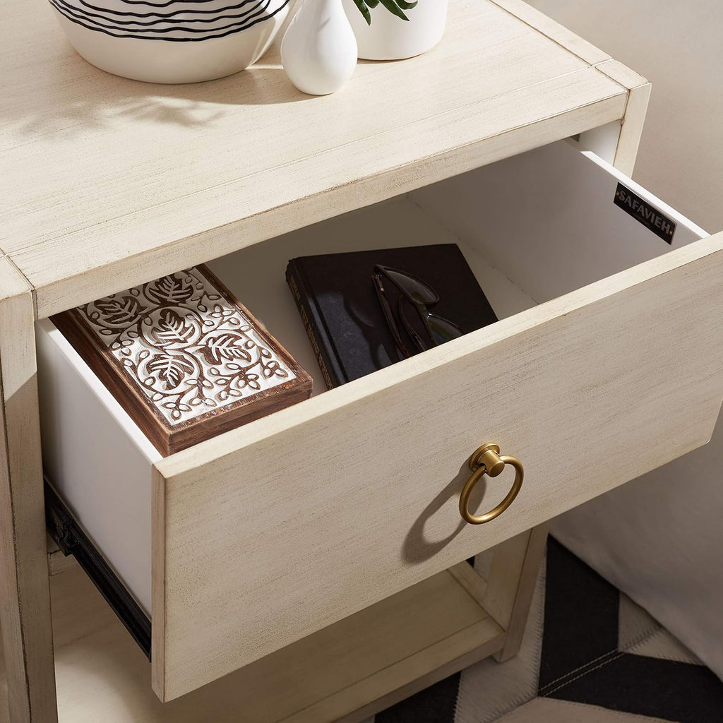 SAFAVIEH Furniture - Sadie 1-Drawer Nightstand - Antique & White - Wood - Glam Gold Hardware Design - Ideal for Bedroom, 21'W x 17.2'D x 26'H - Fully Assembled (NST9201B)