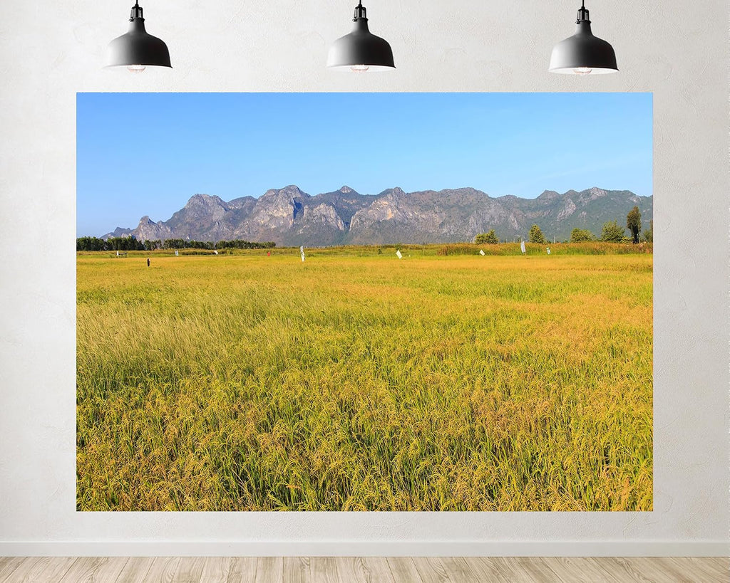 Trykid 20x10ft Golden Rice Field Backdrop Limestone Mountains Clear Blue Sky Rural Farmland Photography Background Country Party Decoration Photo Booth Prop Fabric