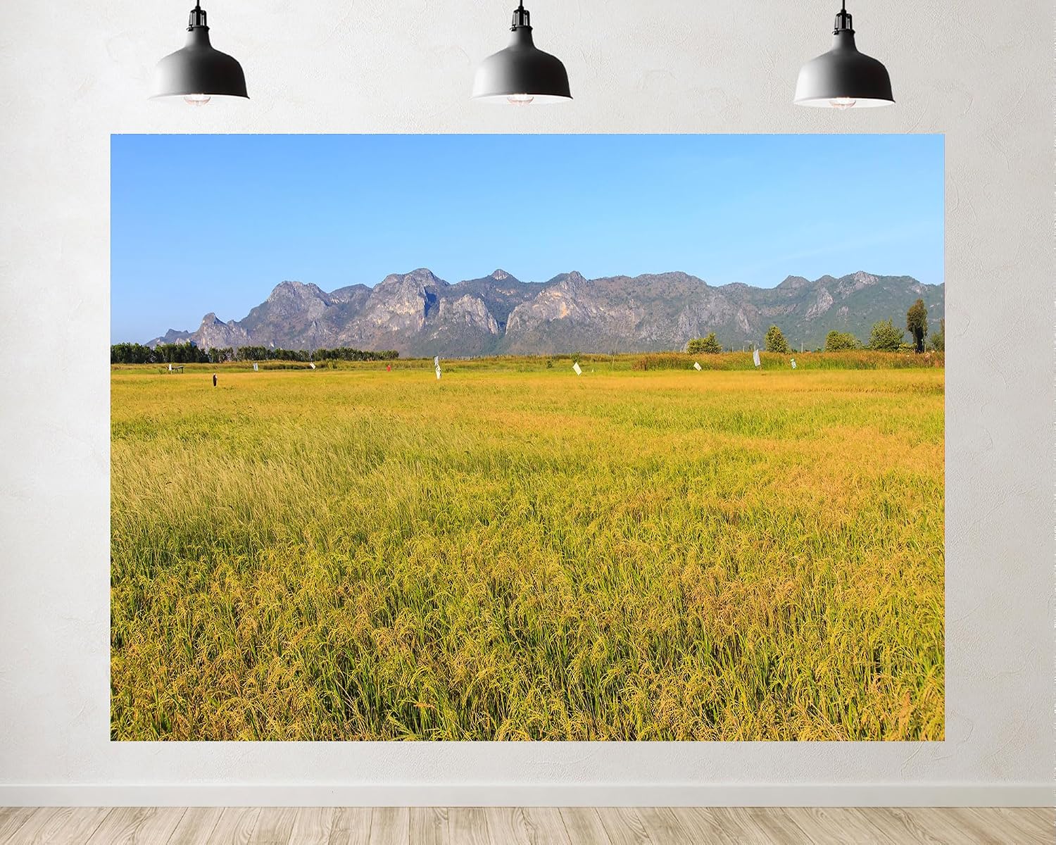 Trykid 20x10ft Golden Rice Field Backdrop Limestone Mountains Clear Blue Sky Rural Farmland Photography Background Country Party Decoration Photo Booth Prop Fabric