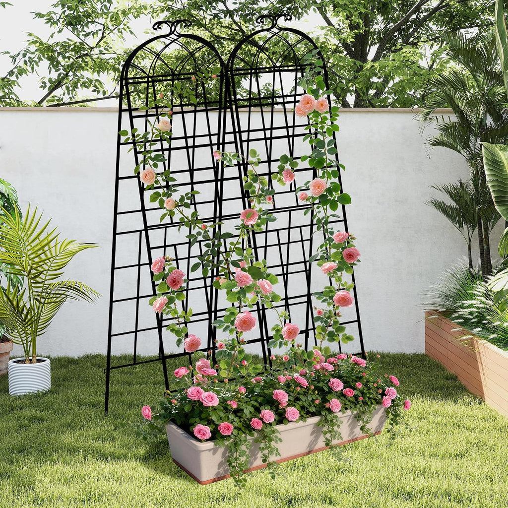 LZRS 4 Pack 83x20in Rustic Iron Arch Decoration Garden Trellis with Black Metal Coating – Perfect for Supporting Climbing Plants Outdoor, Roses, Vines, Flowers, and Vegetables.
