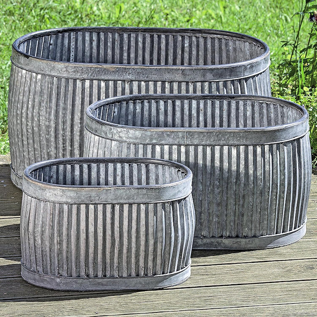 WHW Whole House Worlds French Country Style Oval Belly Planters, Set of 3, Galvanized Metal, Chubby, Corrugated Cache Pots, Rustic, Over 2 Ft Long (24 1/2, 20 and 14 1/2 Inches)