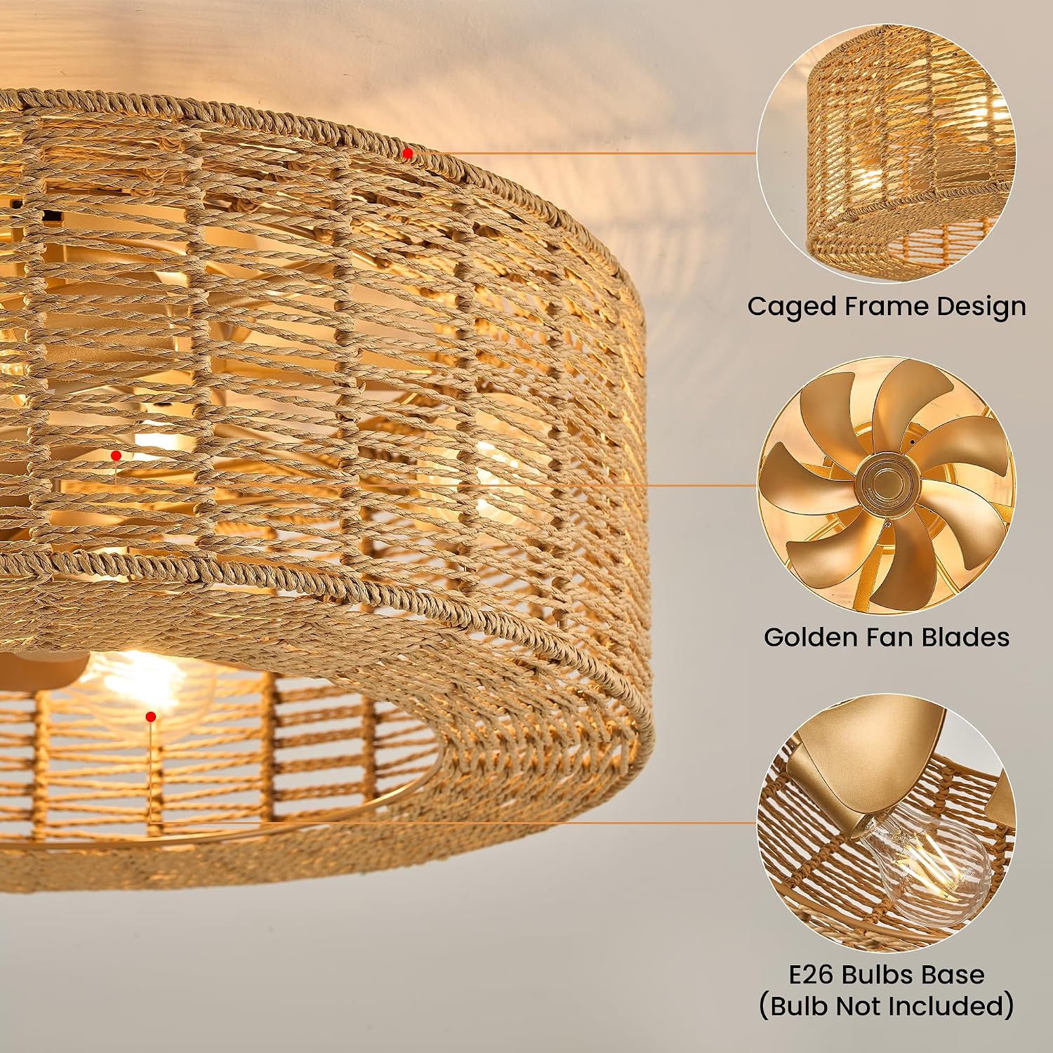 20' Rattan Caged Flush Mount Fandelier，Brown Boho Ceiling Fan with Remote, Reversible