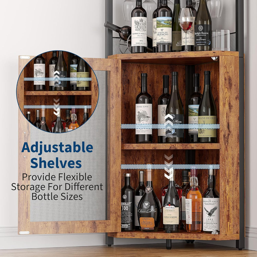 GarveeHome Corner Bar Wine Cabinet with LED Lights, 5-Tier Industrial Wine Cabinet with Glass Holder, Modern Liquor Cabinet with Adjustable Shelf, Home Bar Cabinet with Mesh Door, Rustic Brown