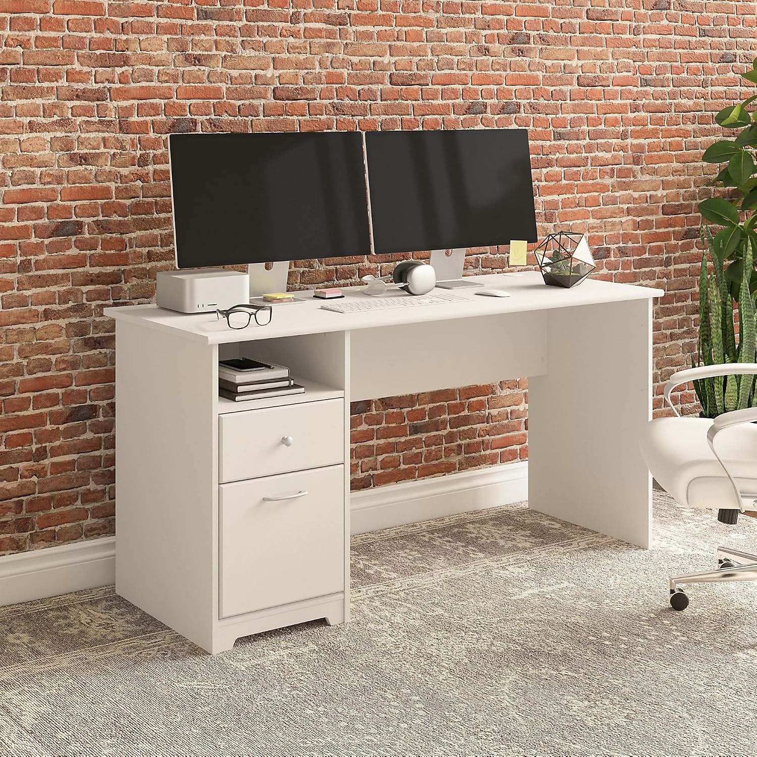 Bush Furniture Cabot 60W Office Desks for Home Office with Storage and Chrome Hardware, Elegant Computer Table with Drawers, White