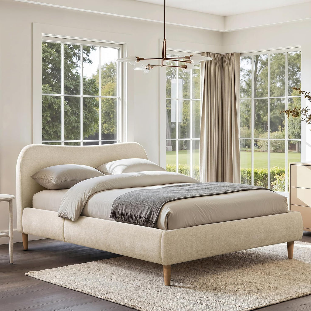 Jennifer Taylor Home Roman Curved Headboard Upholstered Platform Bed, Queen, Oatmeal Light Beige Chenille