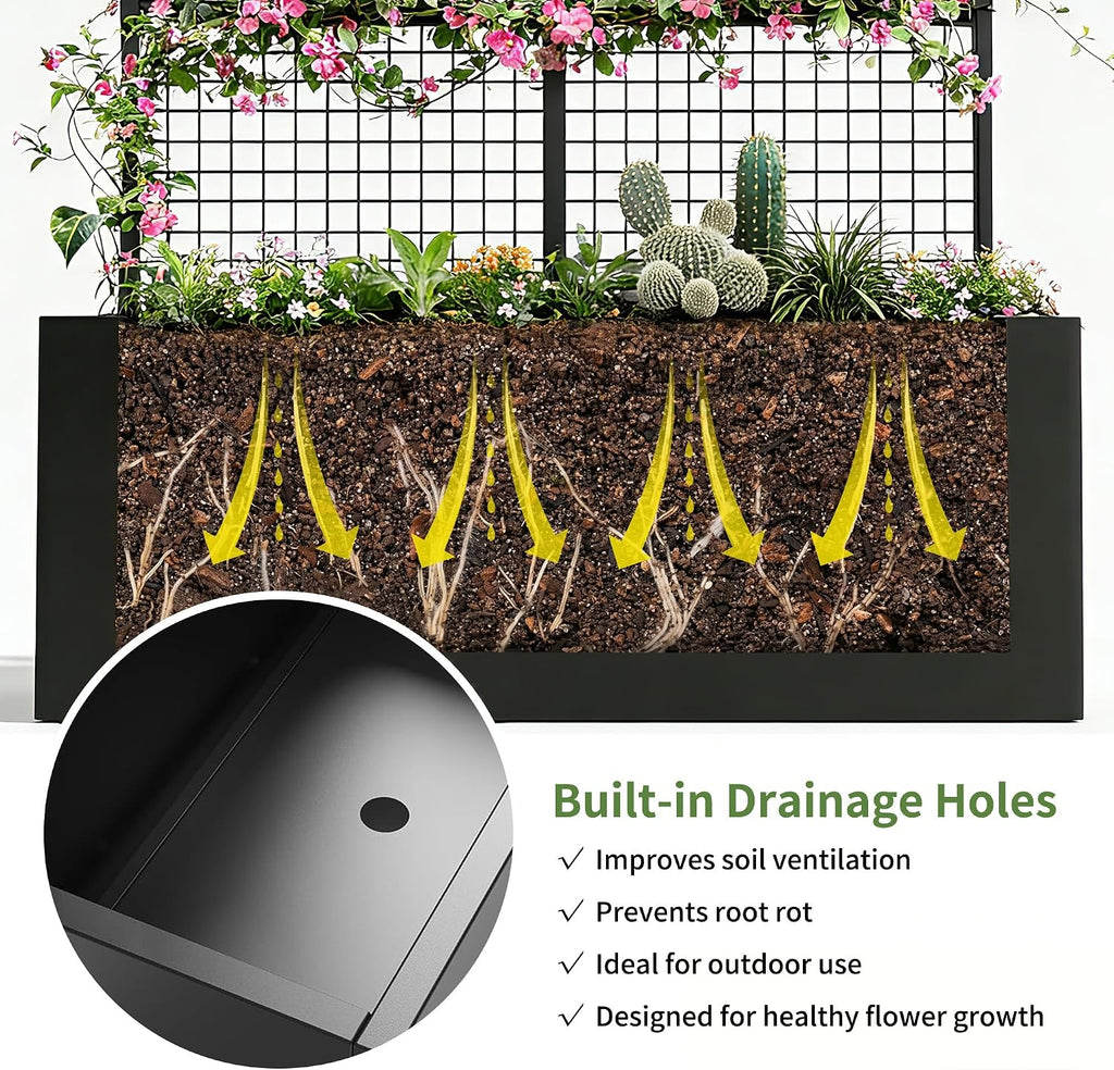 Privacy Planters for Patio – Metal Raised Garden Bed with Trellis and Privacy Screen, 71' x 35' x 16' Planter Box with Drainage Holes for Climbing Plants, Vegetables, and Vines, Outdoor Backyard Black